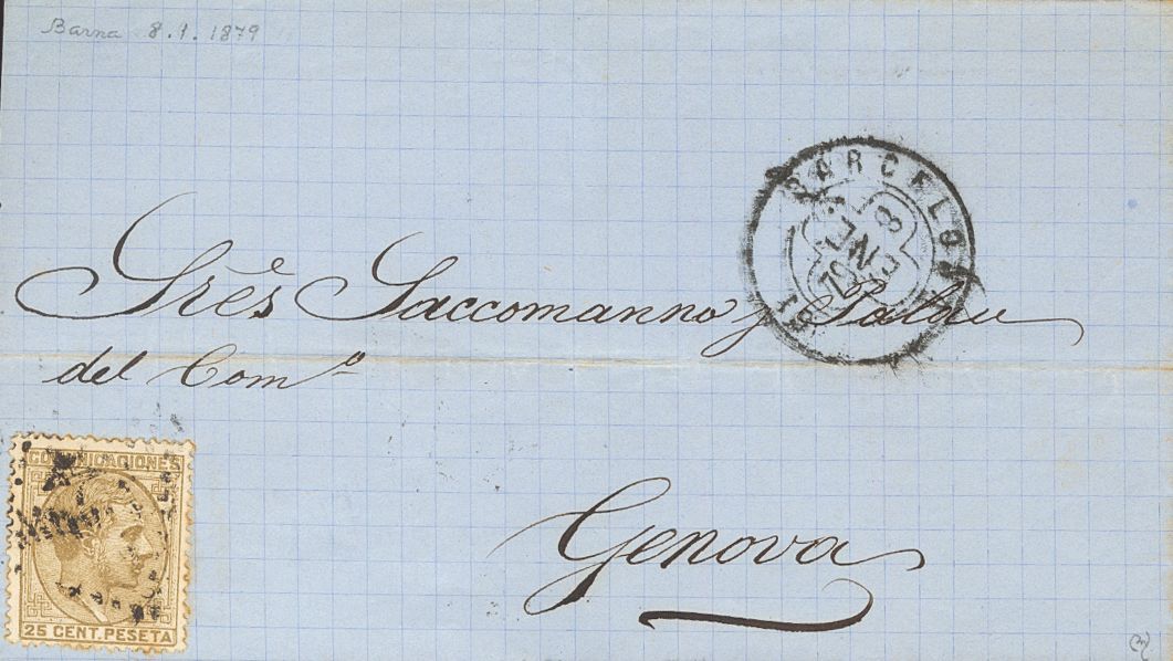 1 SOBRE 194(2) (1879ca). Conjunto De Dos Cartas Franqueadas Con El 25 Cts Sepia De BARCELONA A GENOVA (ITALIA), Una De E - Otros & Sin Clasificación