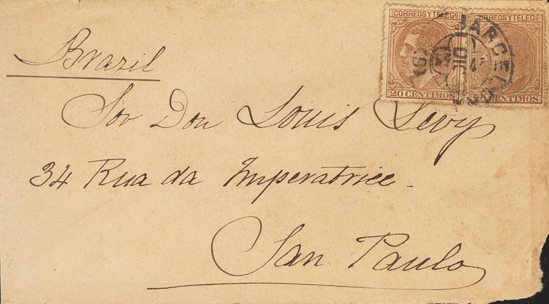 1 SOBRE 203(2) 1882. 20 Cts Castaño Rojo, Dos Sellos. BARCELONA A SAO PAULO (BRASIL). Matasello Trébol BARCELONA / (2).  - Other & Unclassified