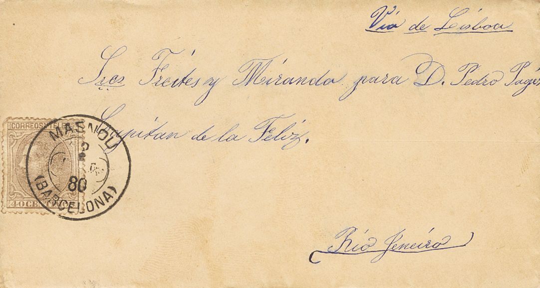 1 SOBRE 205 1880. 40 Cts Castaño. EL MASNOU (BARCELONA) A RIO DE JANEIRO (BRASIL). Matasello Trébol MASNOU / (BARCELONA) - Other & Unclassified