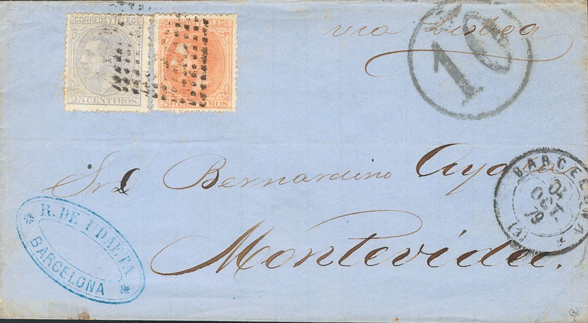 1 SOBRE 204, 206 1879. 25 Cts Gris Azul Y 50 Cts Naranja. BARCELONA A MONTEVIDEO (URUGUAY), Circulada Por La Vía De Port - Other & Unclassified
