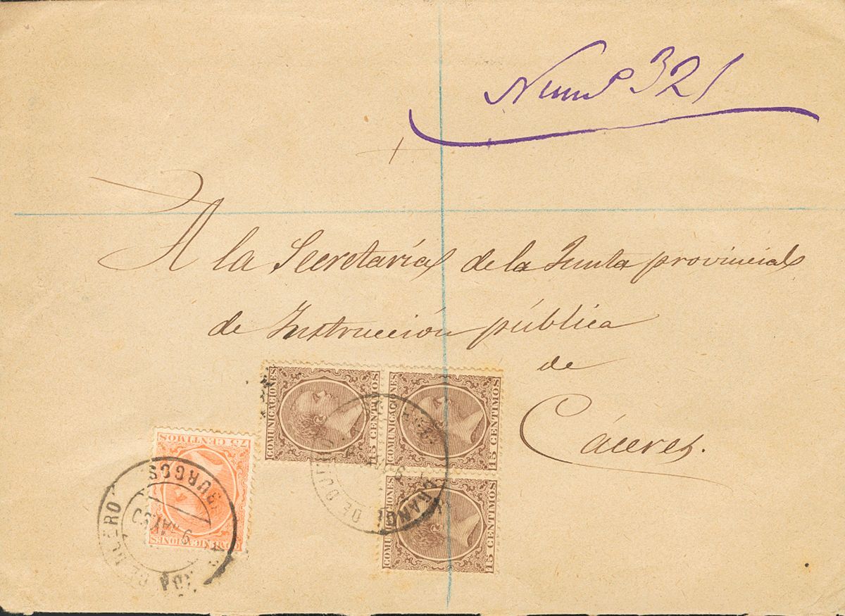 1 SOBRE 219(3), 225 1890. 15 Cts Castaño, Tres Sellos Y 75 Cts Naranja. Certificado De ARANDA DE DUERO A CACERES. Al Dor - Other & Unclassified