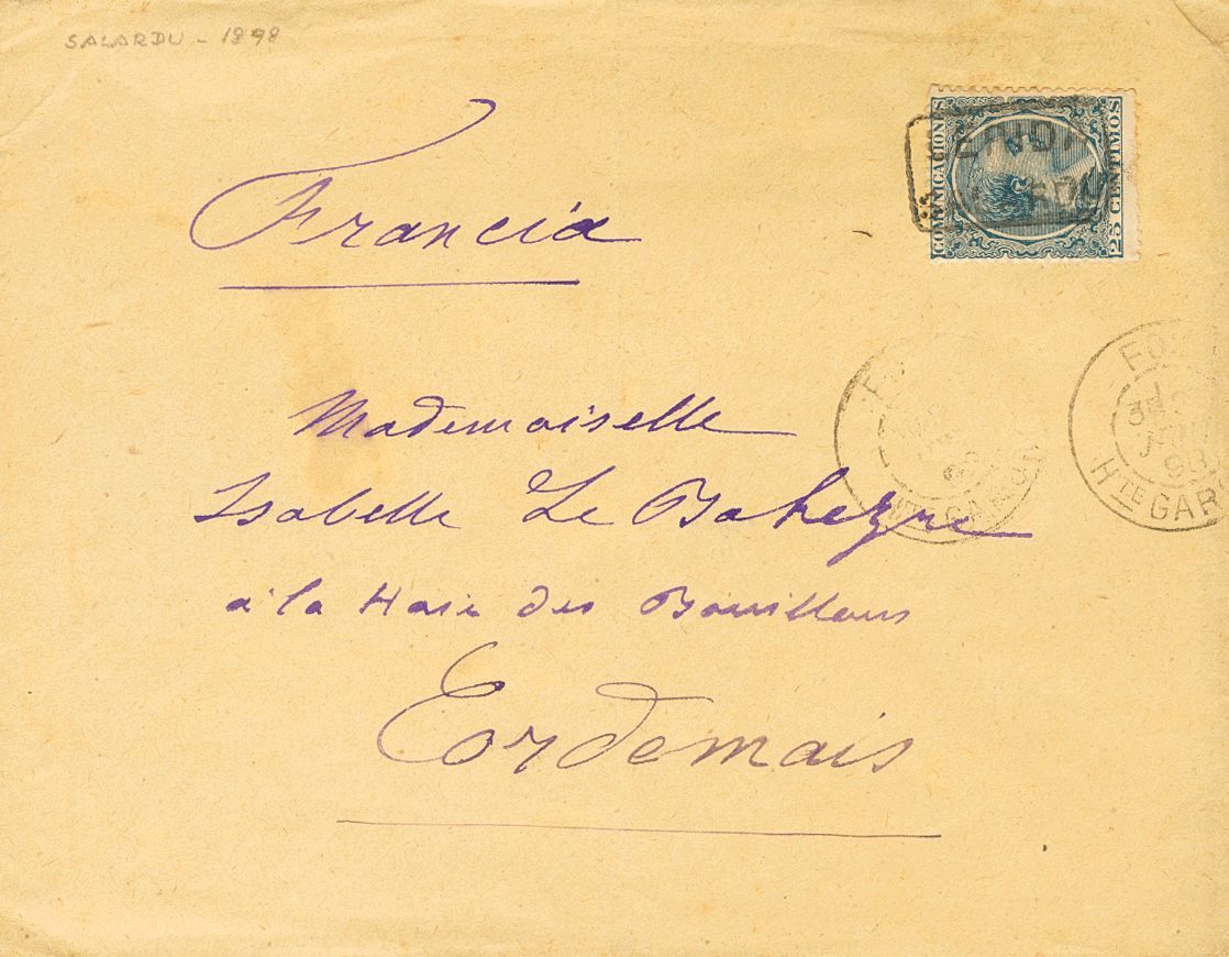 1 SOBRE 221 1898. 25 Cts Azul. SALARDU (VALLE DE ARAN) A CORDEMAIS (FRANCIA). Matasello Cartería LERIDA / SALARDU. MAGNI - Other & Unclassified