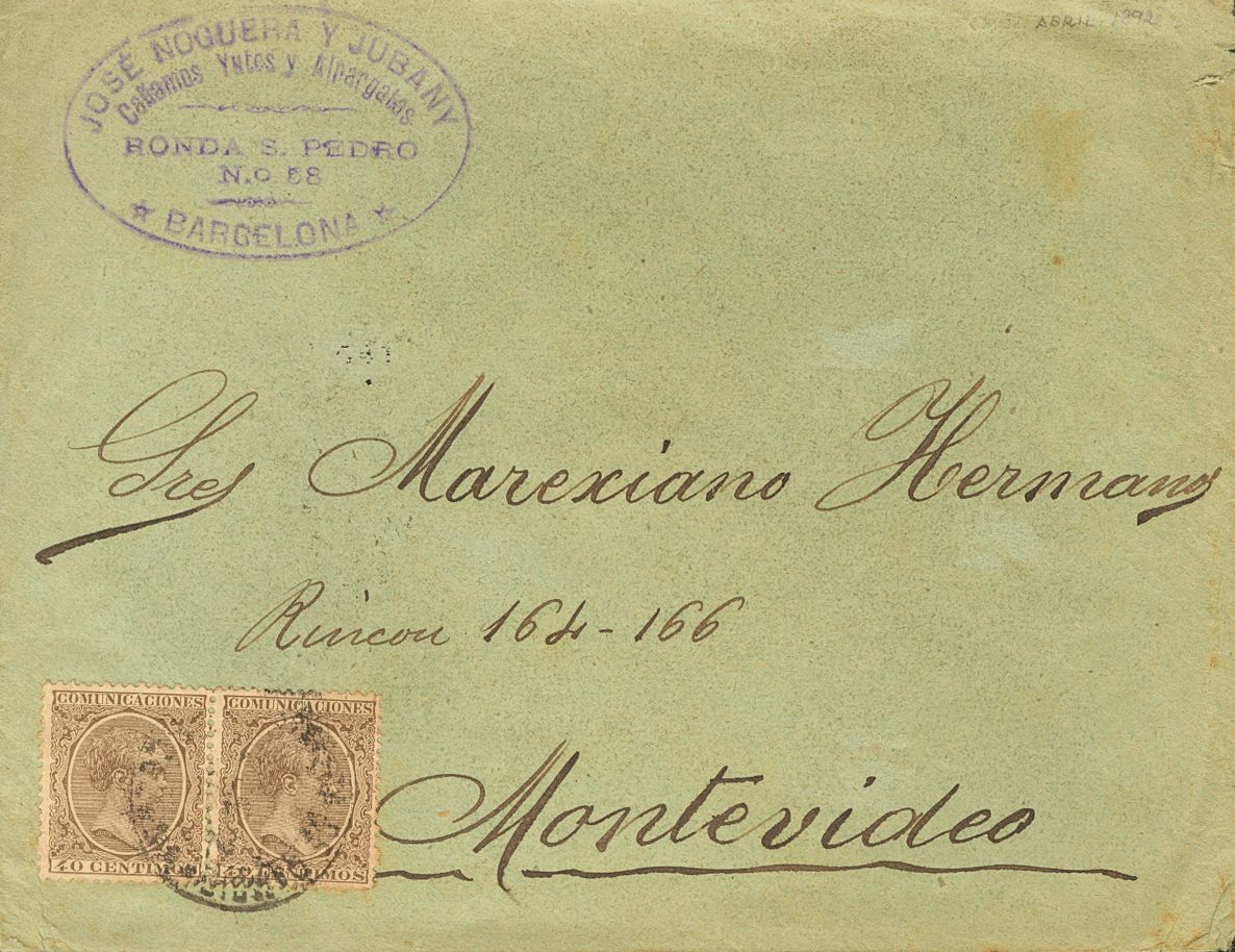 1 SOBRE 223(2) 1892. 40 Cts Castaño, Pareja. BARCELONA A MONTEVIDEO (URUGUAY). MAGNIFICA Y MUY RARO FRANQUEO DE DOBLE PO - Other & Unclassified