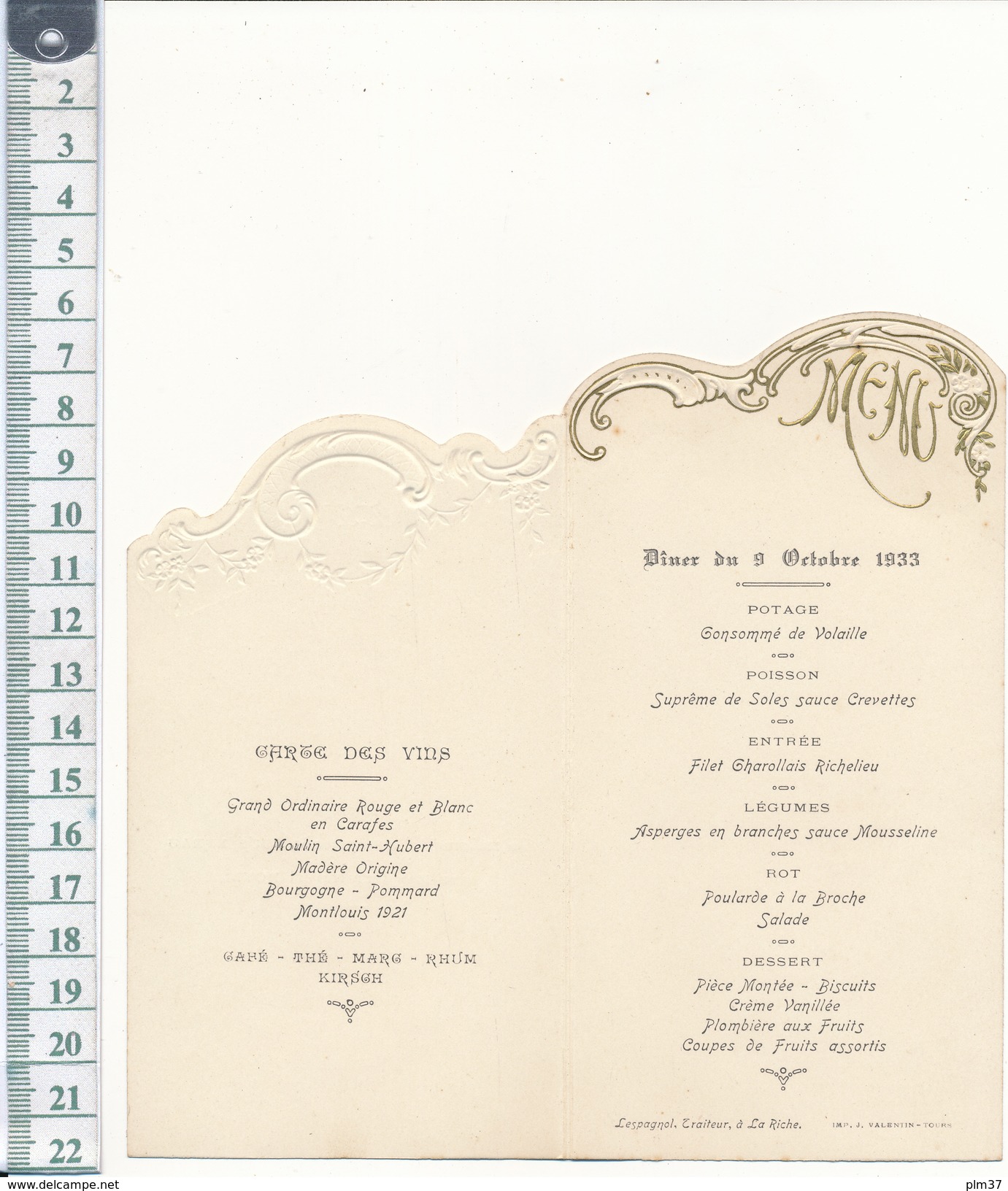 Menu Dépliant 1933 - Dîner De Mariage - Tours, La Riche - 2 Scans - Menus