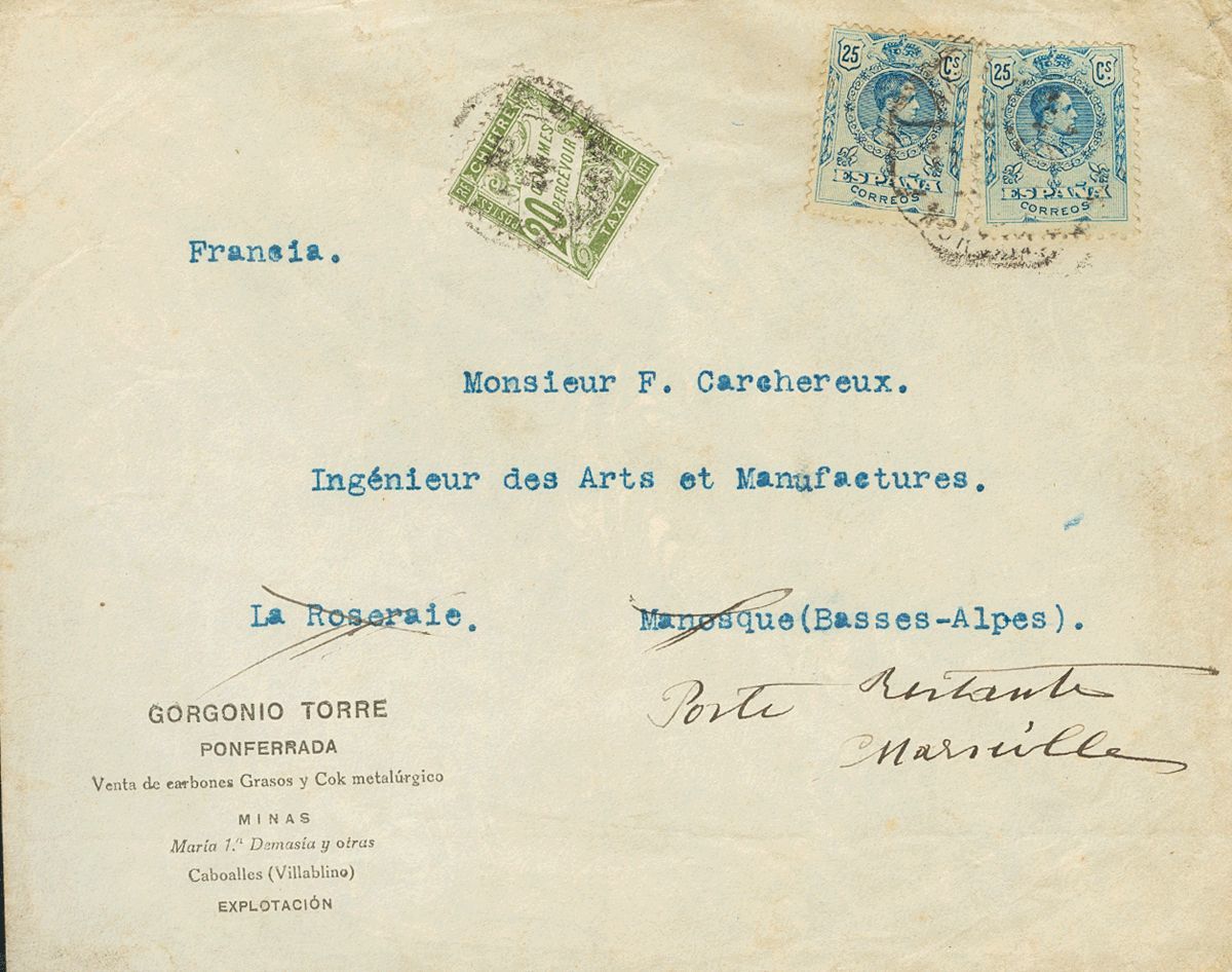 1 SOBRE 274(2) 1923. 25 Cts Azul, Dos Sellos. PONFERRADA (LEON) A MANESQUE (FRANCIA), Y Reexpedida A La "lista" De Corre - Autres & Non Classés