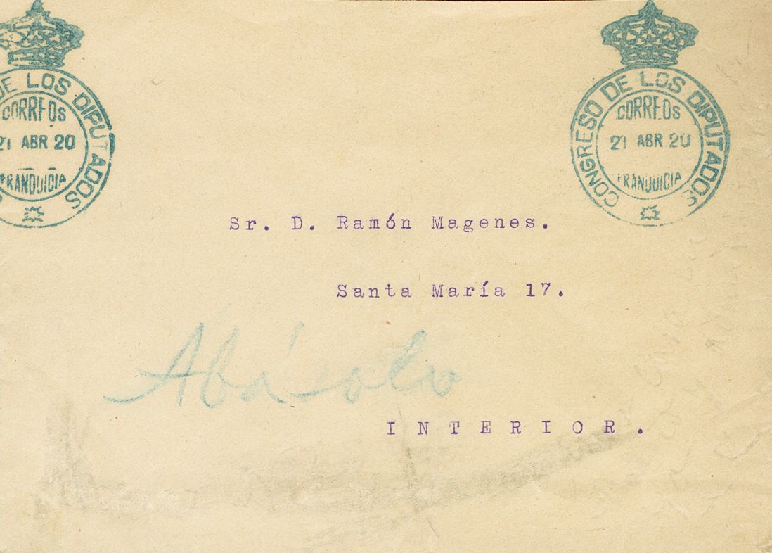 1 SOBRE 1920. Correo Interior De MADRID. Marca De Franquicia CONGRESO DE LOS DIPUTADOS, En Azul Y Al Dorso Llegada. MAGN - Other & Unclassified