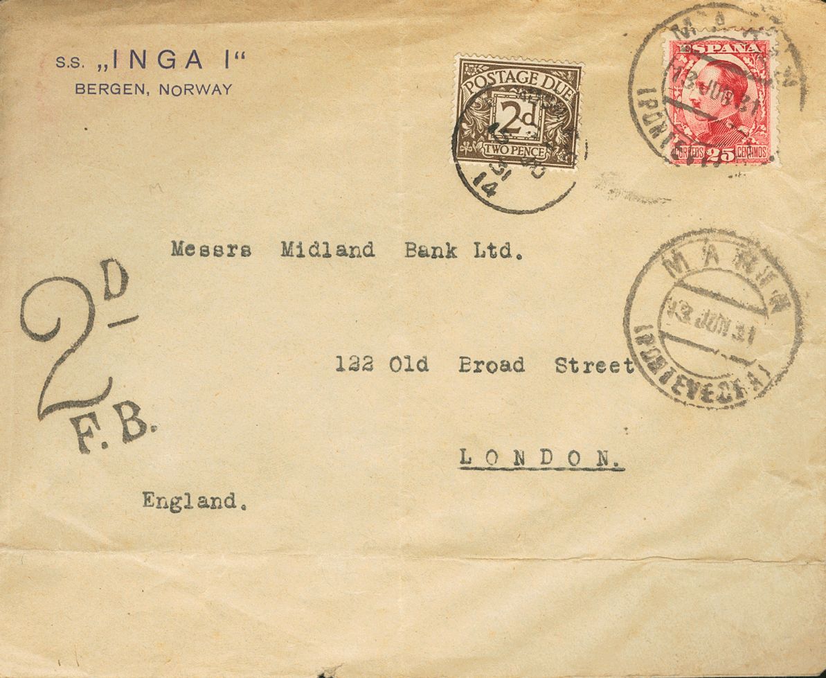 1 SOBRE 495 1931. 25 Cts Carmín. Sobre Del Vapor "S.S. INGA I" (BERGEN, NORWAY) De MARIN (PONTEVEDRA) A LONDRES (INGLATE - Other & Unclassified