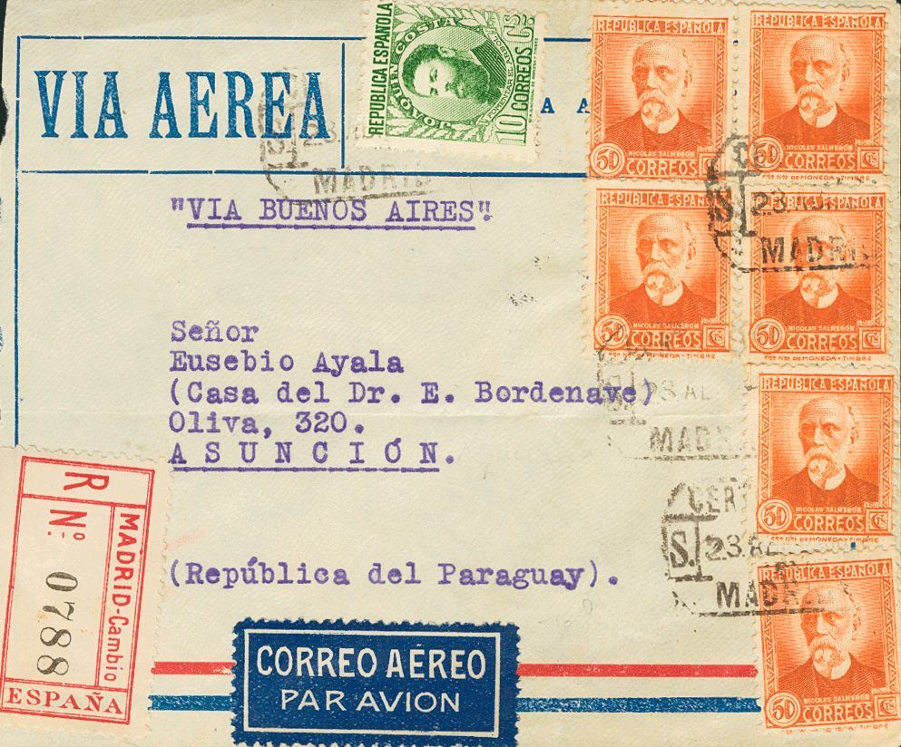 1 SOBRE 661(6), 656 1932. 50 Cts Naranja, Seis Sellos Y 10 Cts Verde. Certificado De MADRID A ASUNCION (PARAGUAY). Al Do - Other & Unclassified