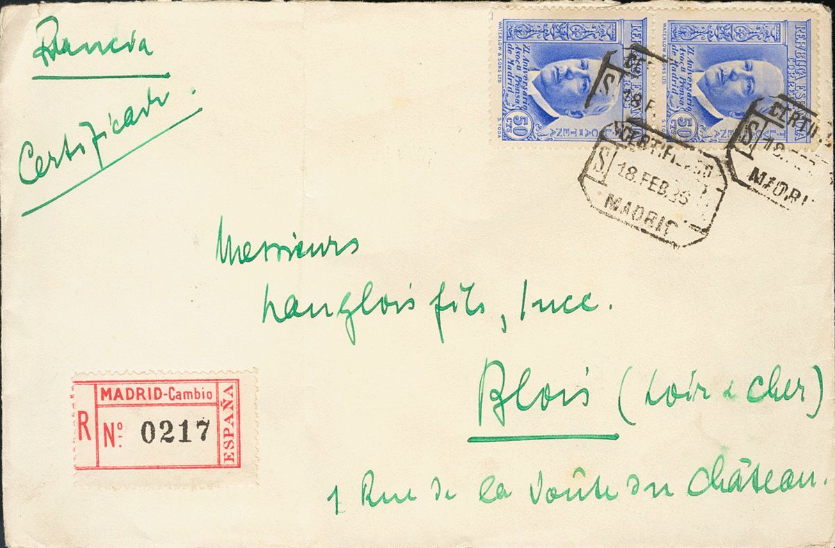 1 SOBRE 704(2) 1936. 50 Cts Azul, Pareja. Certificado De MADRID A BLOIS (FRANCIA) (falta Solapa Trasera). MAGNIFICA Y RA - Other & Unclassified