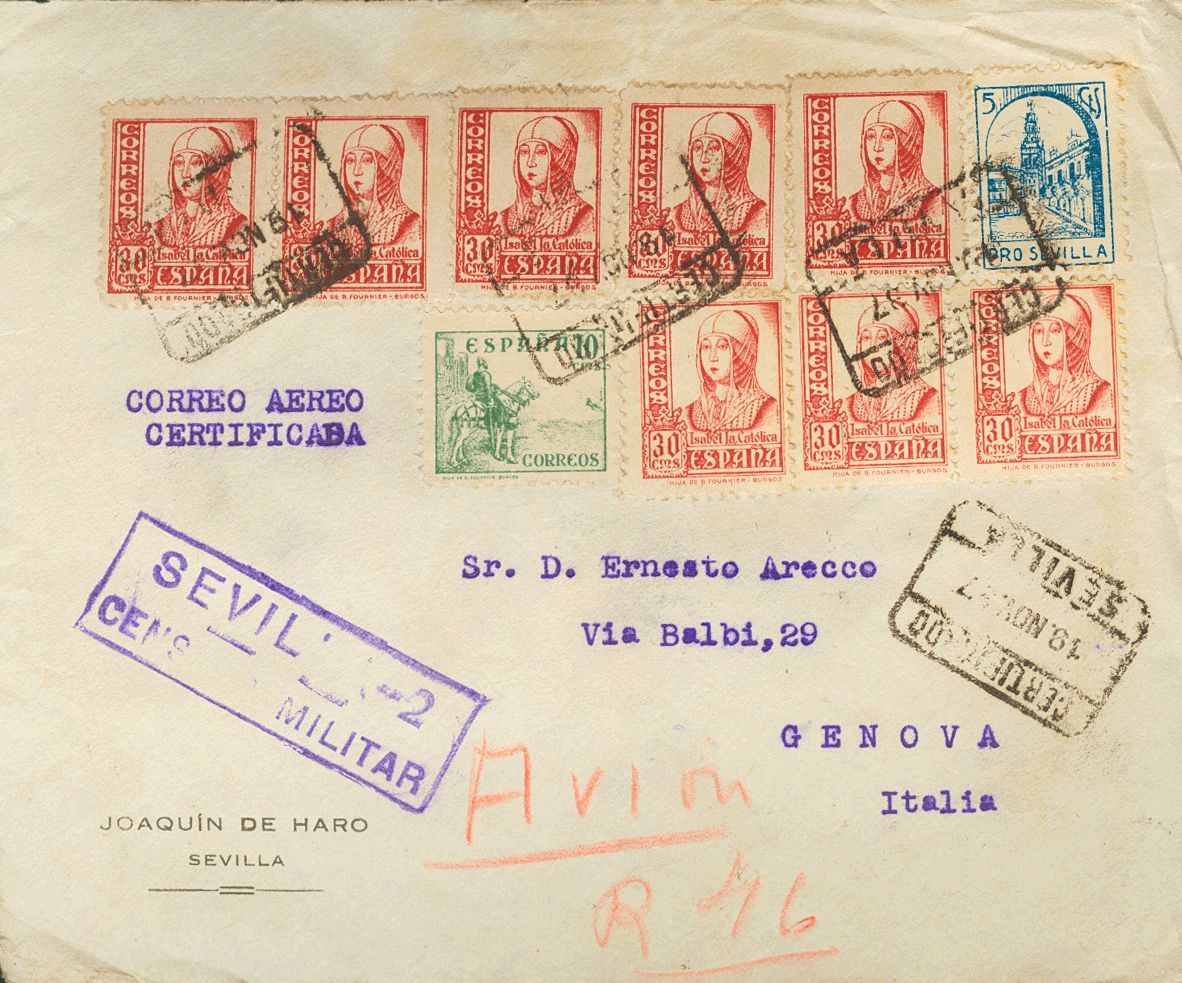 1 SOBRE 817, 823(8) 1937. 10 Cts Verde, 30 Cts Rosa Carmín, Ocho Sellos Y Benéfico De 5 Cts Azul. Certificado De SEVILLA - Other & Unclassified