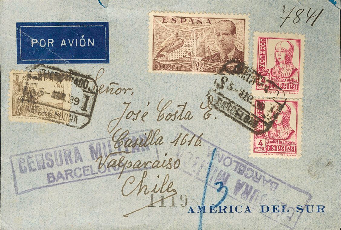 1 SOBRE 829(2), 816, 883 1939. 4 Pts Carmín, Dos Sellos, 5 Cts Castaño Y 50 Cts Castaño Lila. Certificado De BARCELONA A - Other & Unclassified