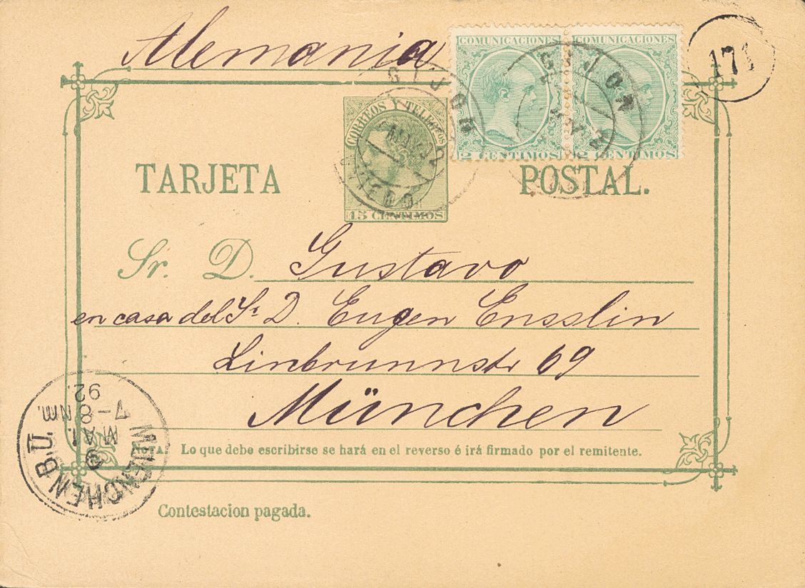 1 SOBRE EP12v 1892. 15 Cts Verde Sobre Tarjeta (de Vuelta) Entero Postal De GIJON A MUNICH (ALEMANIA), Con Franqueo Comp - Unused Stamps