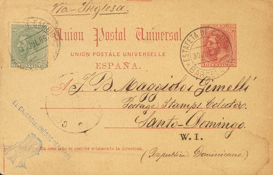 1 SOBRE 1886. 10 Cts Carmín Sobre Tarjeta Entero Postal De BARCELONA A SANTO DOMINGO (REPUBLICA DOMINICANA), Con Franque - Unused Stamps