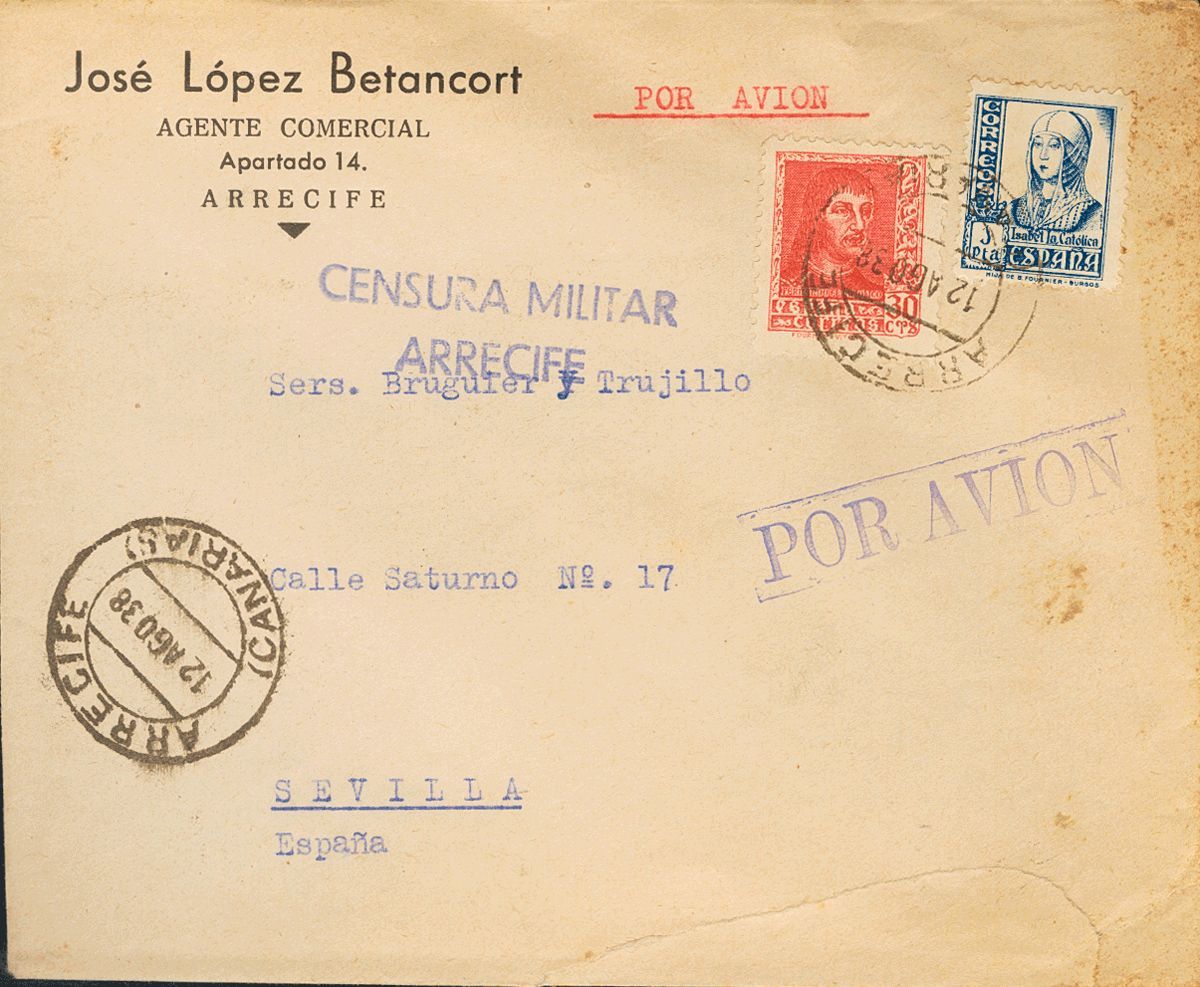 1 SOBRE 844, 828 1938. 30 Cts Rojo Y 1 Pts Azul. ARRECIFE A SEVILLA. En El Frente Marca CENSURA MILITAR / ARRECIFE, En V - Other & Unclassified