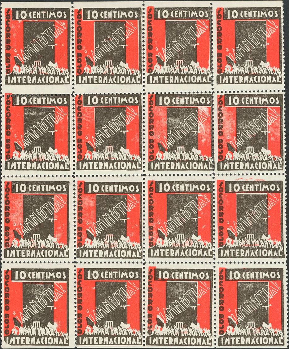 1 (*) 10 Cts Rojo Y Negro, Bloque De Dieciséis. SRI AMNISTIA INTERNACIONAL. MAGNIFICO Y RARO UN BLOQUE DE ESTE TAMAÑO. ( - Spanish Civil War Labels