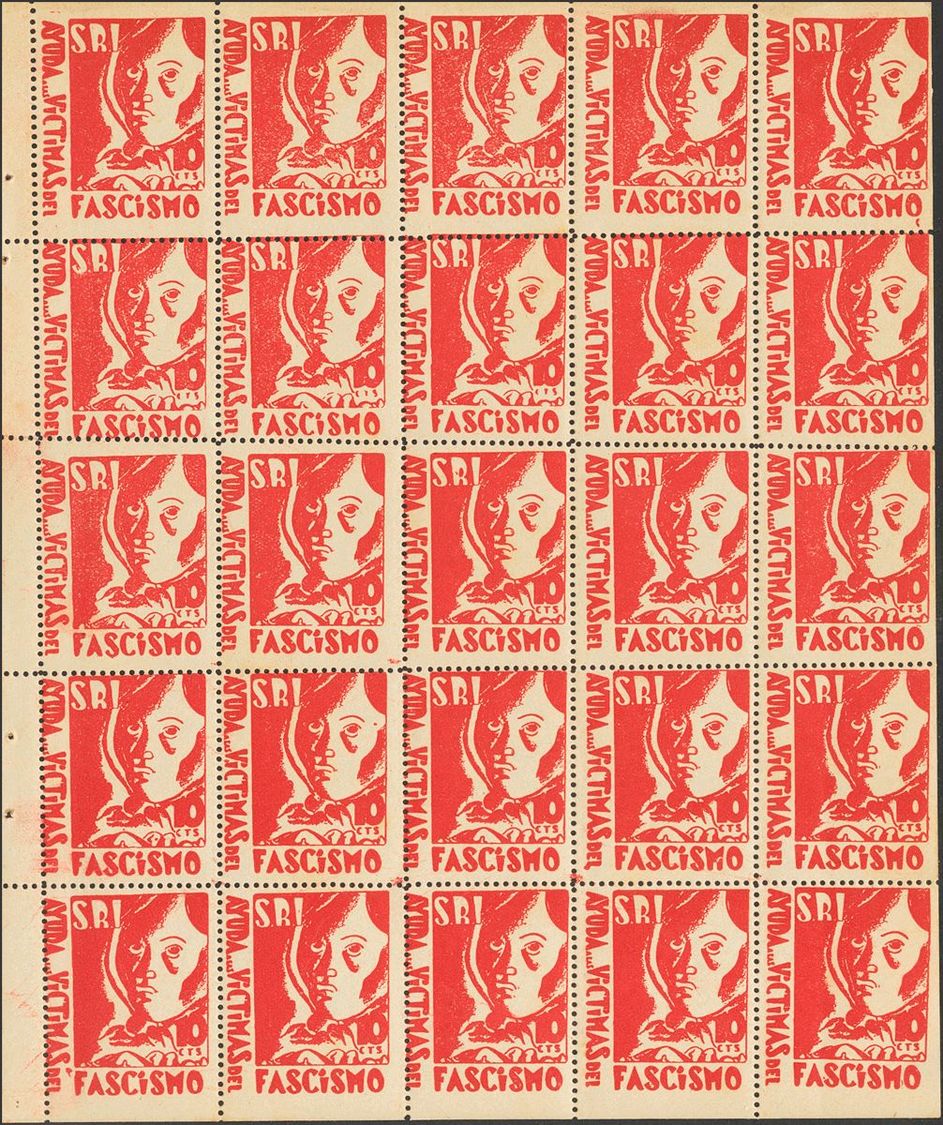 1 ** 10 Cts Rojo, Hoja Completa De Veinticinco, S.R.I. AYUDA A LAS VICTIMAS DEL FASCISMO. MAGNIFICA Y RARISIMA HOJA COMP - Spanish Civil War Labels