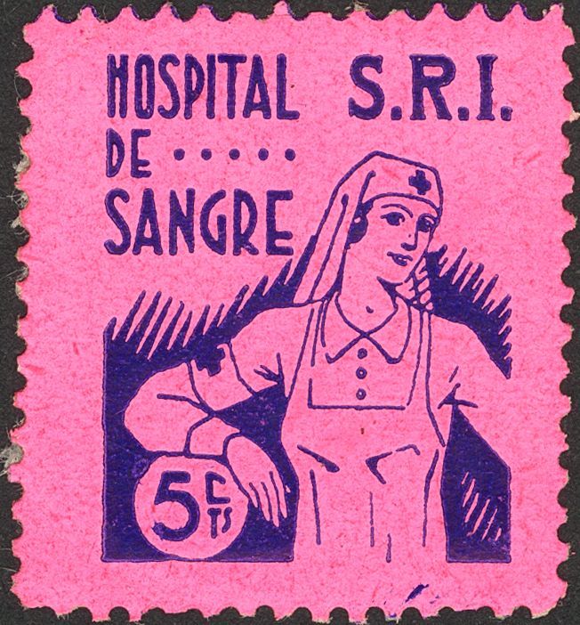 1 (*) 5 Cts Azul Sobre Rosa (adelgazado). S.R.I. HOSPITAL DE SANGRE. BONITA Y RARA. (Guillamón 1551) - Spanish Civil War Labels