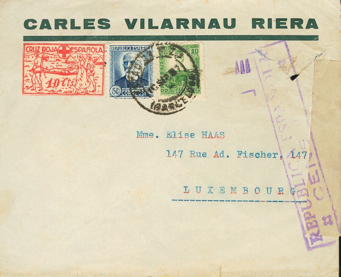 1 SOBRE 1937. 10 Cts CRUZ ROJA ESPAÑOLA. BARCELONA A LUXEMBURGO. Al Dorso Llegada. MAGNIFICA. (Guillamón 1659) - Spanish Civil War Labels