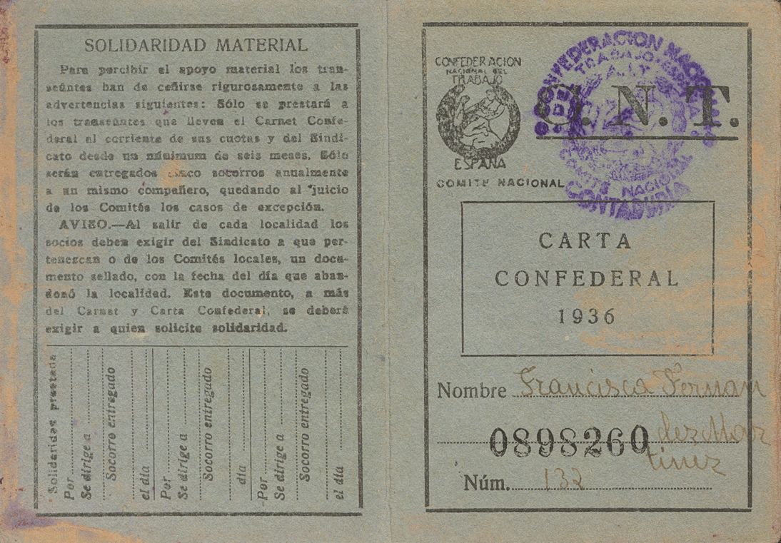 1 (*) Carta Confederal De Valencia, Con Las Hojas De Cotización Sin Los Correspondientes Sellos. MAGNIFICA E INUSUAL DOC - Spanish Civil War Labels