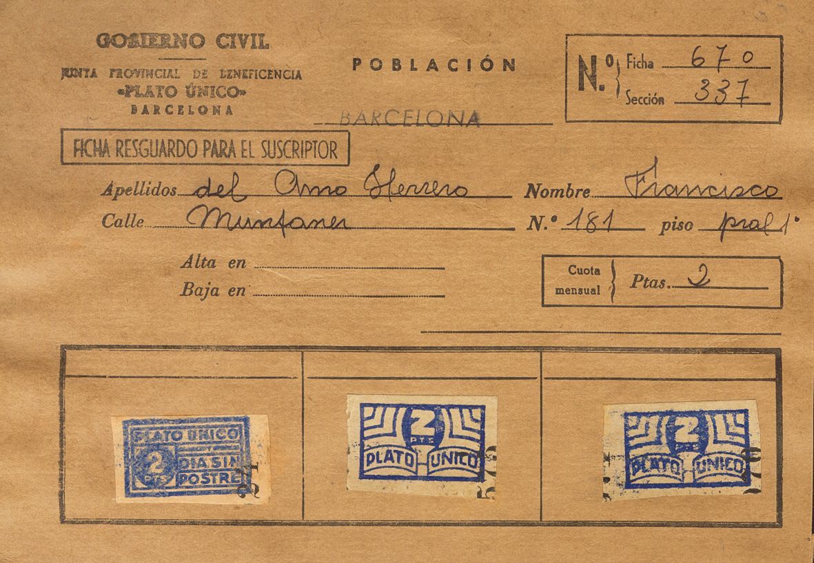 1 Fragmento 2 Pts Azul PLATO UNICO DIA SIN POSTRE Y 2 Pts Ultramar PLATO UNICO, Dos Sellos, Sobre Ficha De Suscriptor. M - Spanish Civil War Labels