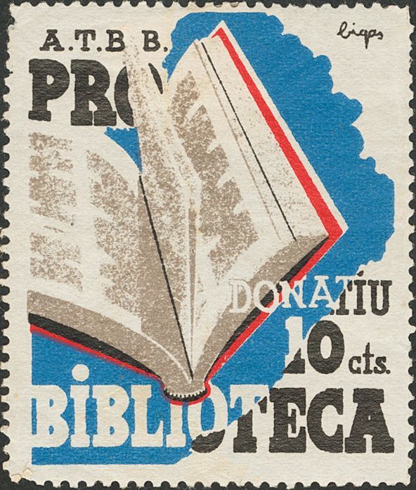 1 * 10 Cts Azul, Negro Y Rojo. A.T.T.B. PRO BIBLIOTECA. MAGNIFICA Y RARA. (Guillamón 2041) - Spanish Civil War Labels