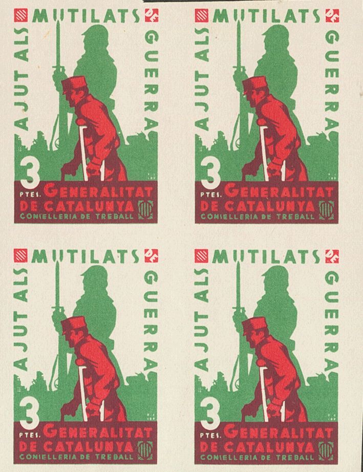 1 (*) 3 Pts Carmín Y Verde, Bloque De Cuatro SIN DENTAR. CONSELLERIA DE TREBALL AJUT ALS MUTILATS DE GUERRA. MAGNIFICA.  - Spanish Civil War Labels