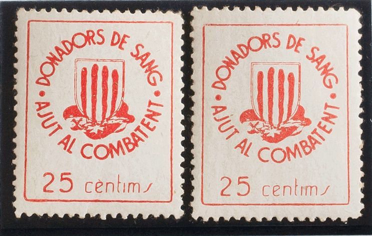 1 * 25 Rojo, Dos Viñetas Con Diferentes Tonos. DONADORS DE SANG, AJUT AL COMBATENTE. MAGNIFICAS Y RARAS, SOLO CATALOGADA - Spanish Civil War Labels