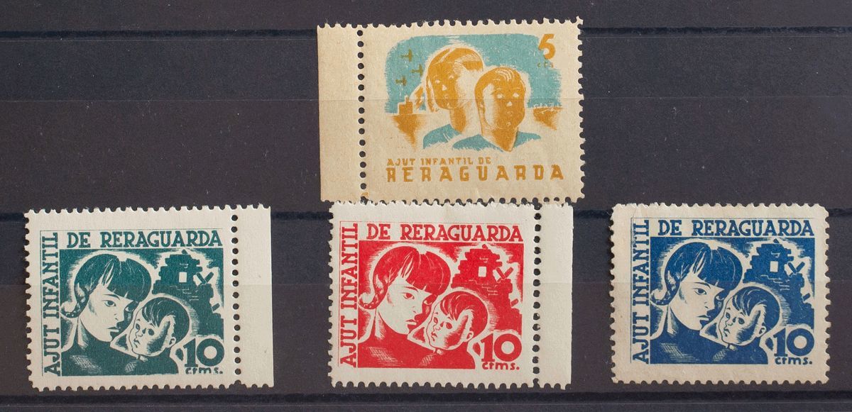 1 * Serie Completa (el 10 Cts Adelgazado) Y 5 Cts Azul. AJUT INFANTIL DE RERAGUARDA. MAGNIFICAS. (Guillamón 2287/2290) - Spanish Civil War Labels
