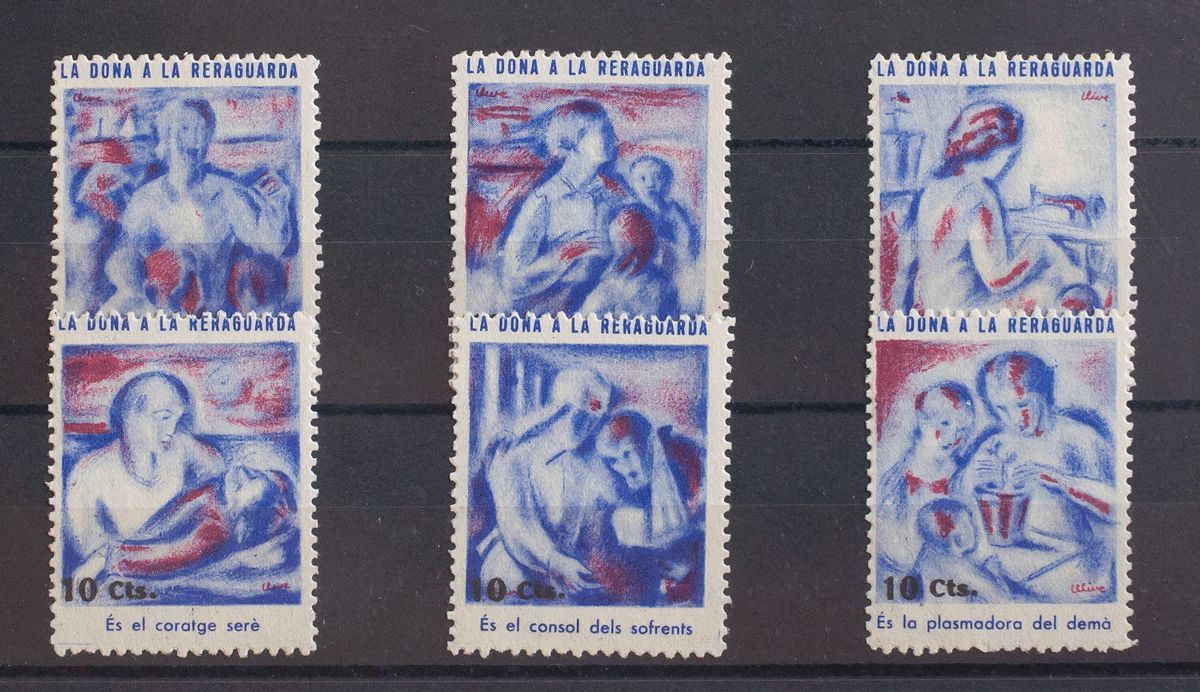 1 (*) Serie Completa, Azul Y Carmín. LA DONA A LA RERAGUARDA. MAGNIFICA. (Guillamón 2310/15) - Spanish Civil War Labels