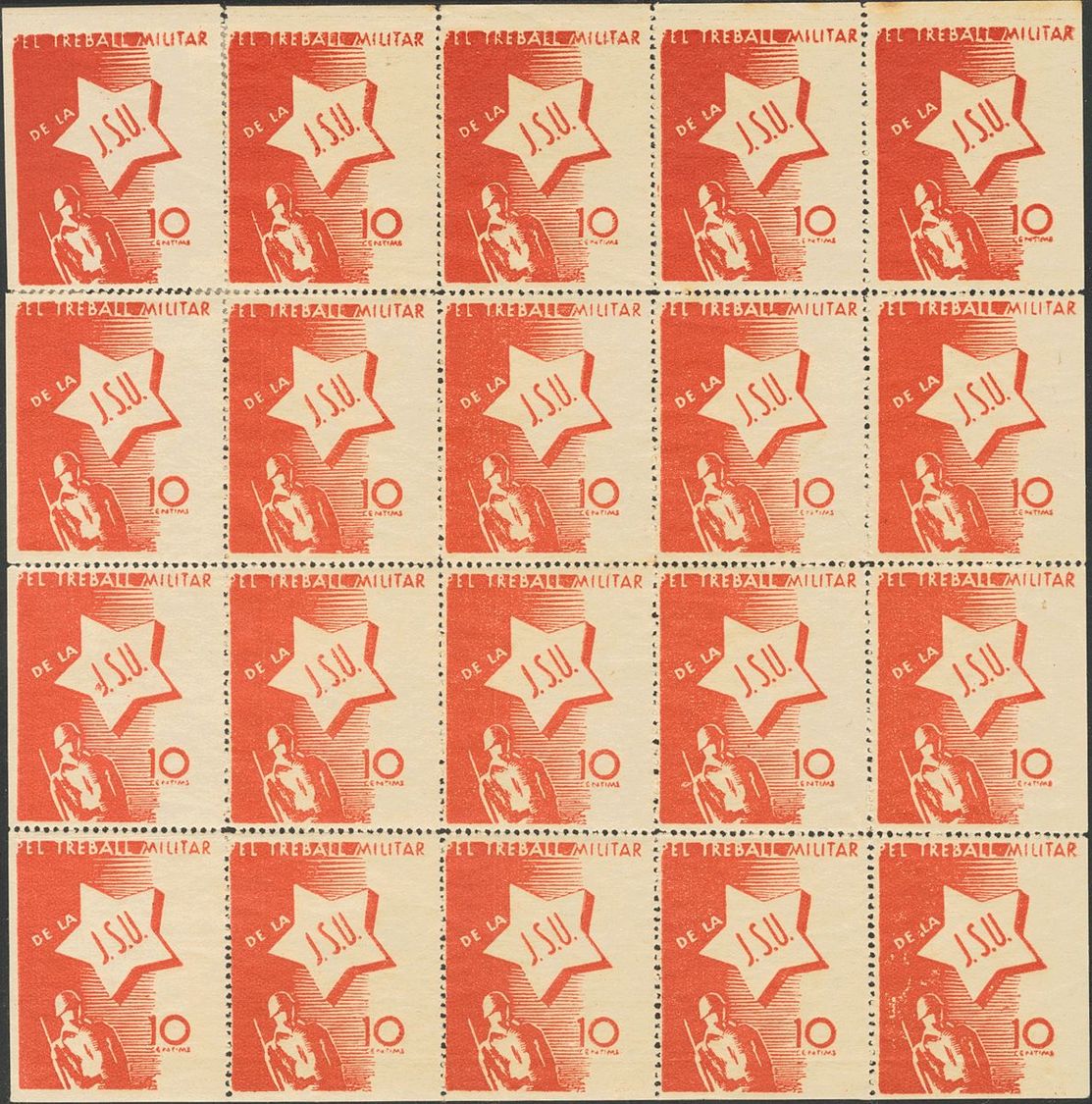 1 **/* 10 Cts Rojo, Bloque De Veinte. J.S.V. PEL TREBALL MILITAR. MAGNIFICA Y RARA HOJA COMPLETA. (Guillamón 2374) - Spanish Civil War Labels