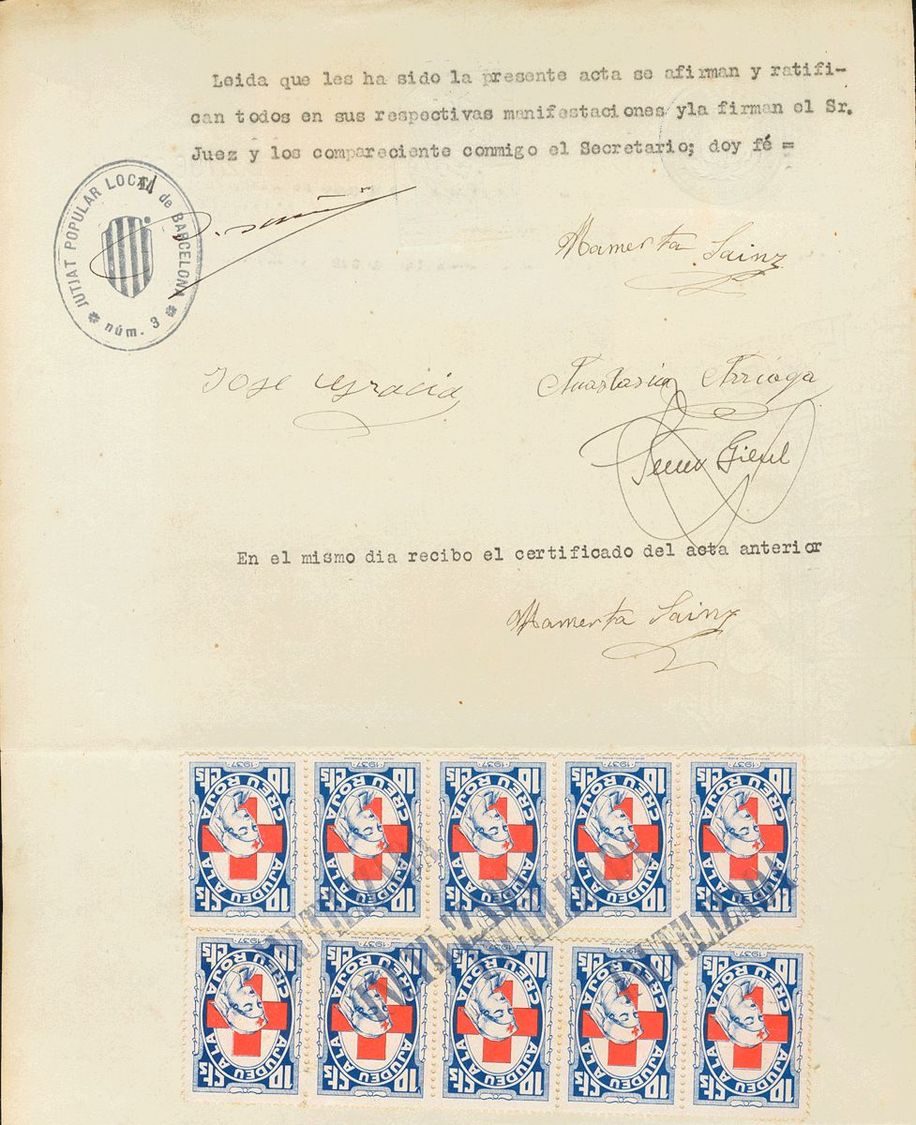 1 SOBRE 1937. 10 Cts Azul Y Rojo AJUDEU A LA CRUZ ROJA, Diez Sellos, Sobre Documento Testifical Del Juzgado Nº3, De Barc - Spanish Civil War Labels