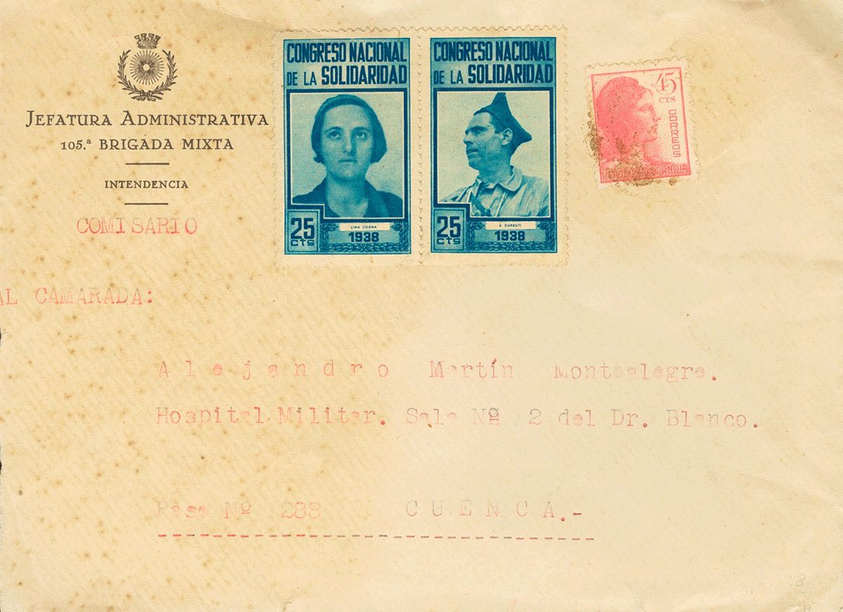 1 SOBRE 1938. 25 Cts Azul, Dos Sellos (Odena Y Durruti, Sin Matasellar) CONGRESO NACIONAL DE LA SOLIDARIDAD. Dirigida A  - Spanish Civil War Labels