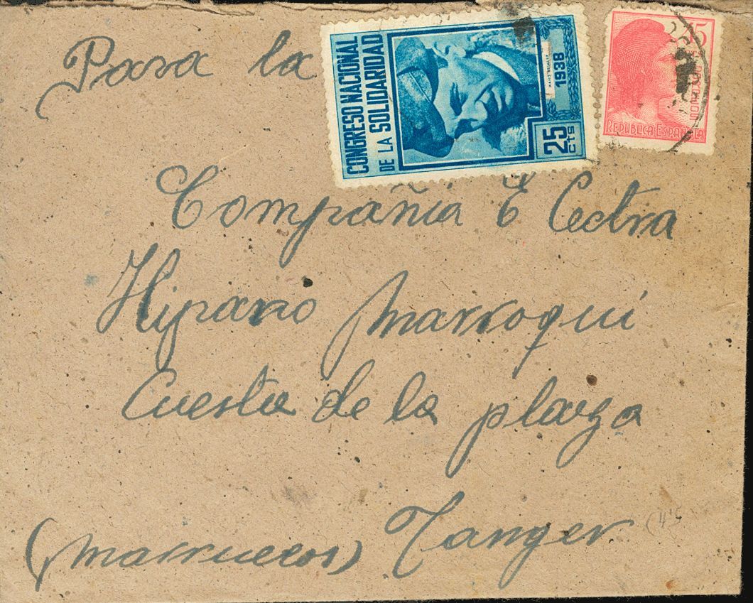 1 SOBRE (1938ca). 25 Cts Azul (Seimler) CONGRESO NACIONAL DE LA SOLIDARIDAD. Dirigida A TANGER. MAGNIFICA. (Guillamón 24 - Spanish Civil War Labels