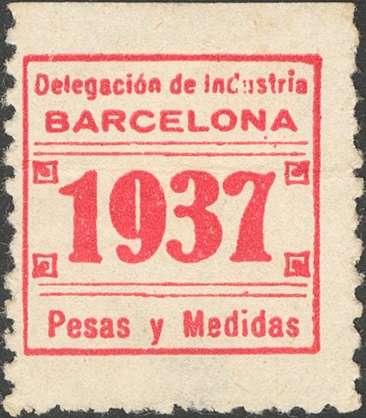 1 (*) Sin Valor, Rojo (ligera Doblez). INDUSTRIA BARCELONA PESOS Y MEDIDAS. MAGNIFICA Y RARISIMA, NO CATALOGADA EN GUILL - Spanish Civil War Labels