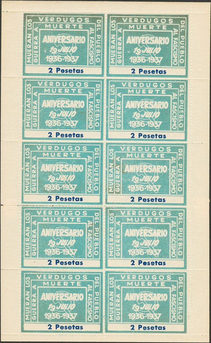 1 **/* 2 Pts Azul Claro, Mini-hoja De Diez Viñetas. MUERAN LOS VERDUGOS DEL PUEBLO. MAGNIFICA Y RARA. (Guillamón 2542) - Spanish Civil War Labels