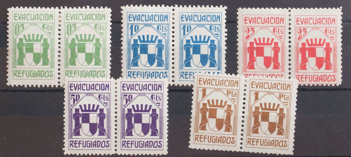 1 * Serie Completa, Pareja. EVACUACION DE REFUGIADOS. MAGNIFICA. (Guillamón 2548/52) - Spanish Civil War Labels