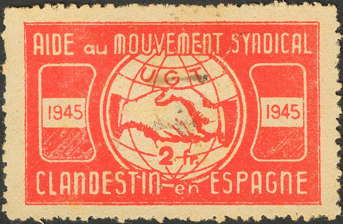 1 (*) 2 Francos Rojo (ligero Adelgazamiento). UGT, AIDE AU MOUVEMENT SYNDICAL CLANDESTIN EN ESPAGNE. MAGNIFICA Y RARISIM - Spanish Civil War Labels