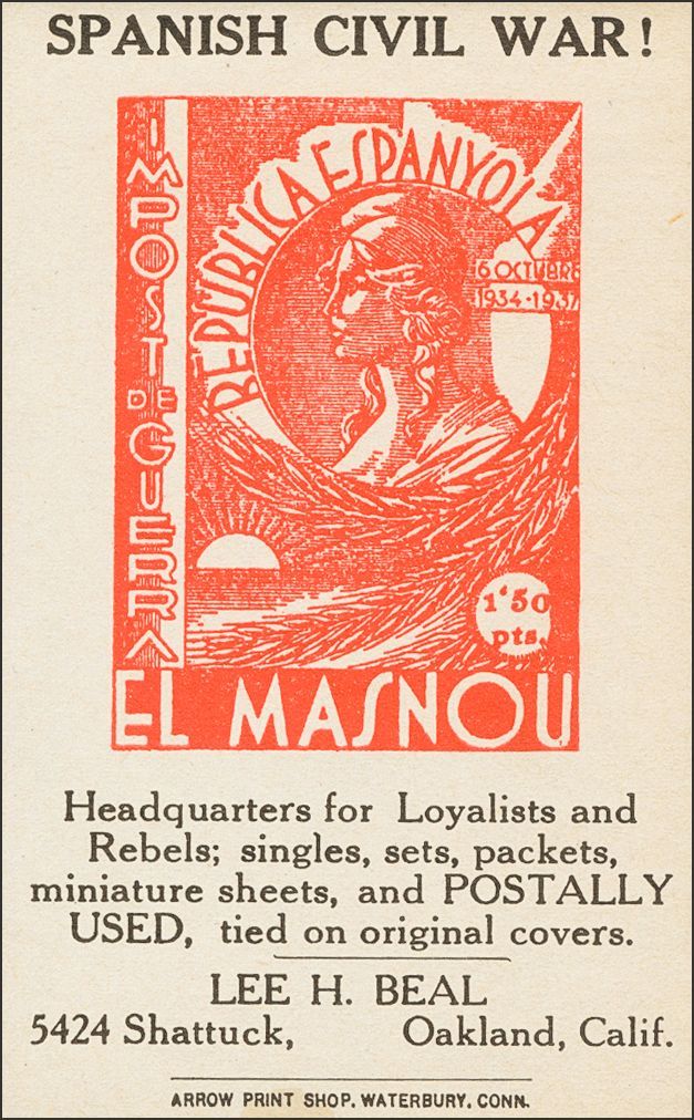 1 (*) Sin Valor, Rojo Y Negro, Sello Publicitario Con Reproducción Del 1'50 Pts EL MASNOU, SPANISH CIVIL WAR. LEE H. BEA - Spanish Civil War Labels