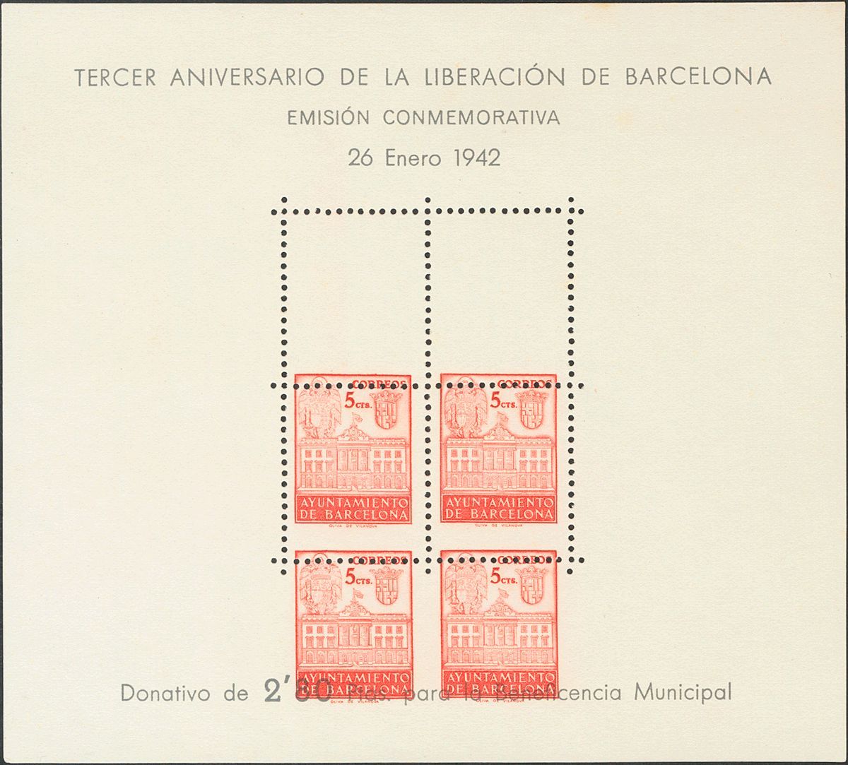 1 (*) 38 5 Cts Bermellón, Hoja Bloque. IMPRESION DE LOS SELLOS DESPLAZADA. MAGNIFICA. - Barcelona