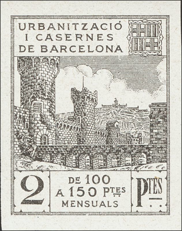 1 (*) 2 Pts Negro URBANITZACIO I CASERNES DE BARCELONA. ENSAYO DE PLANCHA (sin Dentar). MAGNIFICO. - Sonstige & Ohne Zuordnung