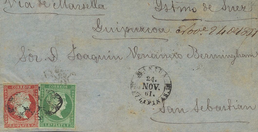 1 SOBRE 6a, 6b 1861. 1 Real Verde Y 2 Reales Carmín. Frontal De MANILA A SAN SEBASTIAN. Franqueo De Triple Porte. MAGNIF - Other & Unclassified