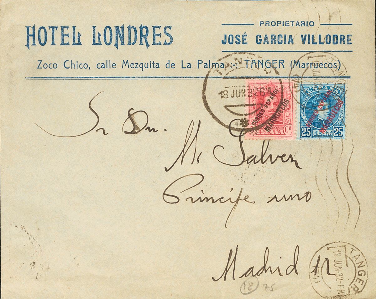 1 SOBRE 7, Tánger 19 1932. 25 Cts Azul Y 5 Cts Carmín De Tánger. TANGER A MADRID. Al Dorso Llegada. MAGNIFICA E INUSUAL  - Other & Unclassified