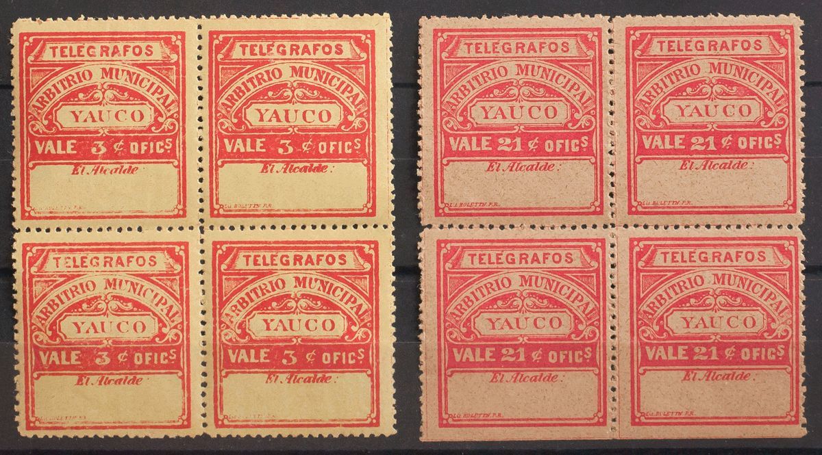 1 * 57(4), 58(4) 3 Ctvos Rojo Sobre Amarilo Y 21 Ctvos Rojo Sobre Salmón, Bloques De Cuatro. YAUCO. MAGNIFICOS Y RAROS.  - Other & Unclassified