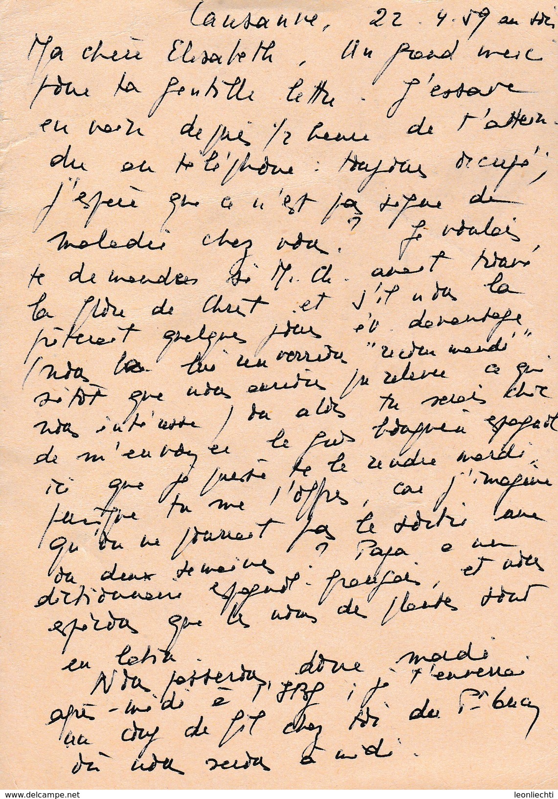 Postkarte Gelaufen Gestempelt  In Lausanne Nach Genève  22.IV.1959. Stpl. Ècole D`infirmières LA SOURCE - Entiers Postaux