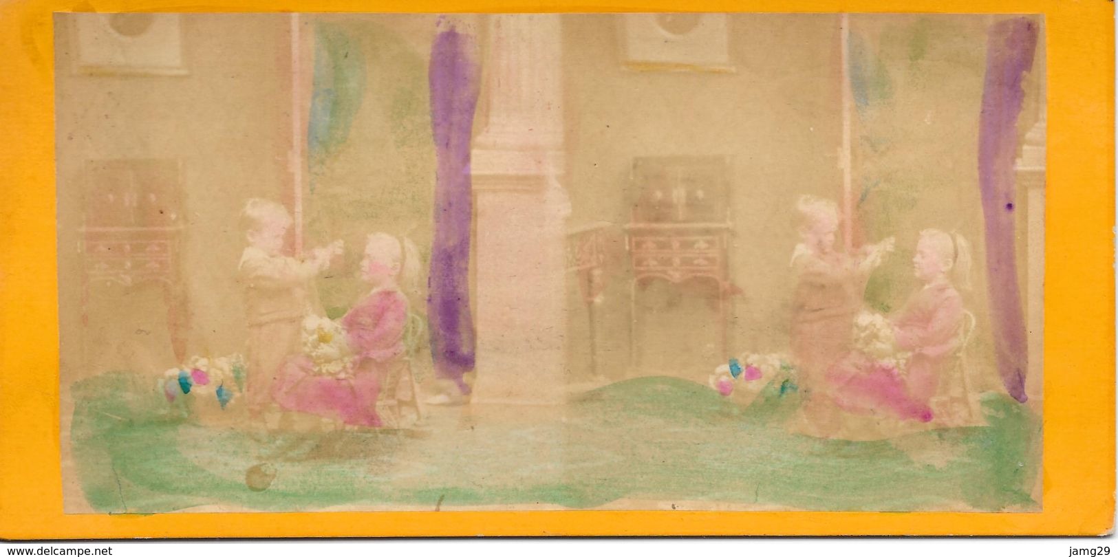Stereoscoopfoto, Kinderen Met Pop, Ingekleurd, Ca. 1915 - Stereoscoop