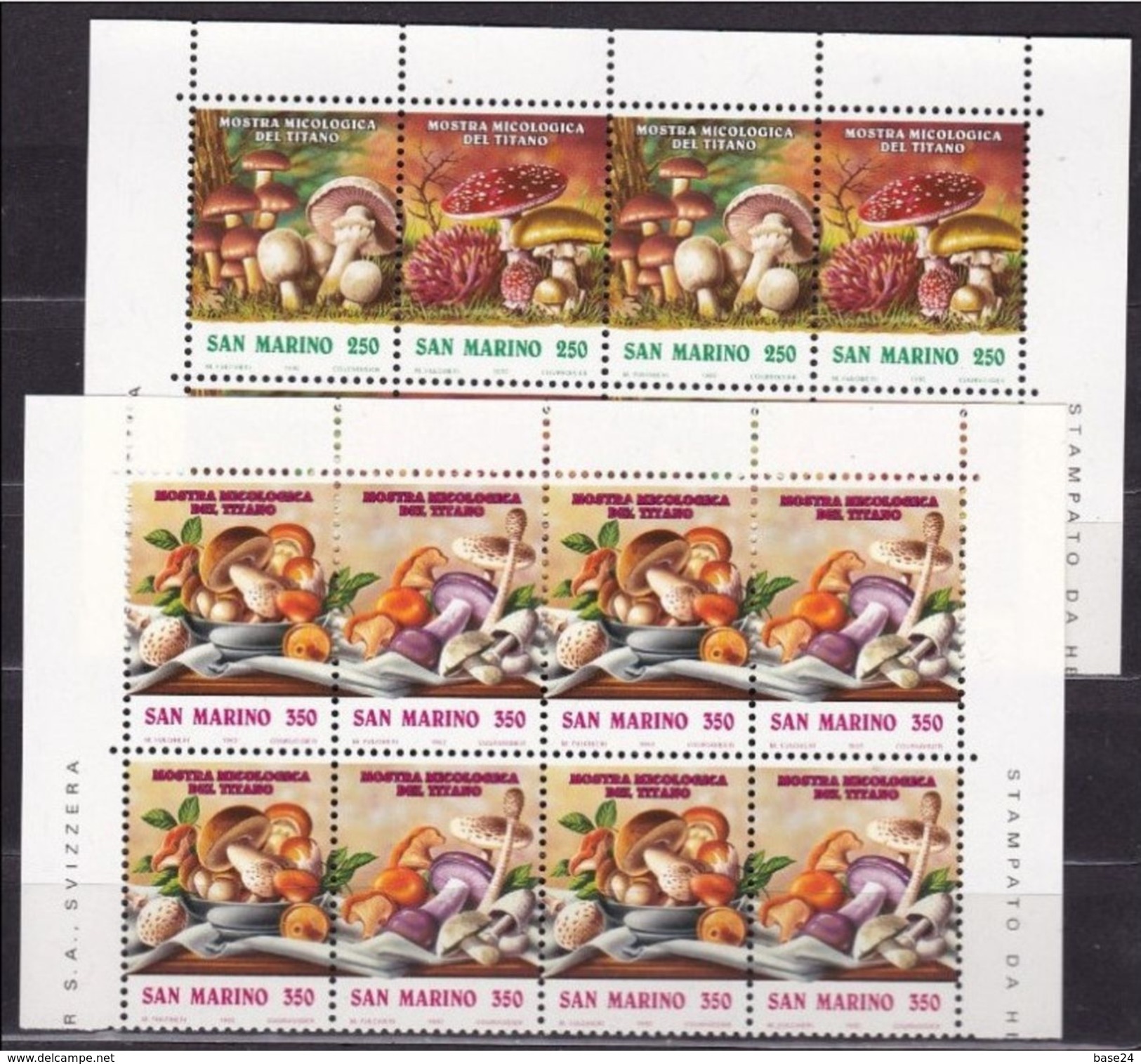 1992 San Marino Saint Marin MOSTRA MICOLOGICA, FUNGHI Dittico 4 Serie Di 4v. In Quartina MNH** MUSHROOMS - Funghi