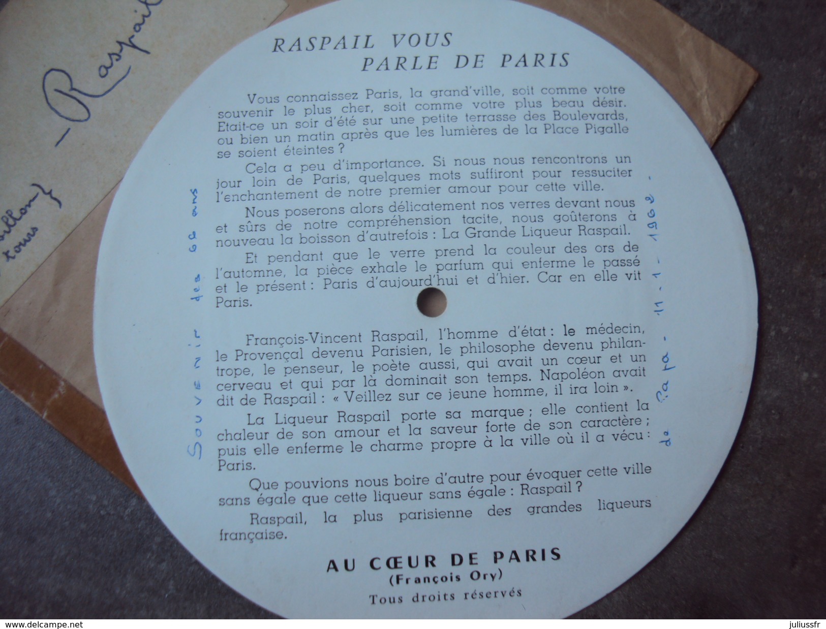 Rare Vinyle Publicitaire Liqueur Raspail Barclay Année 60 - Complete Collections