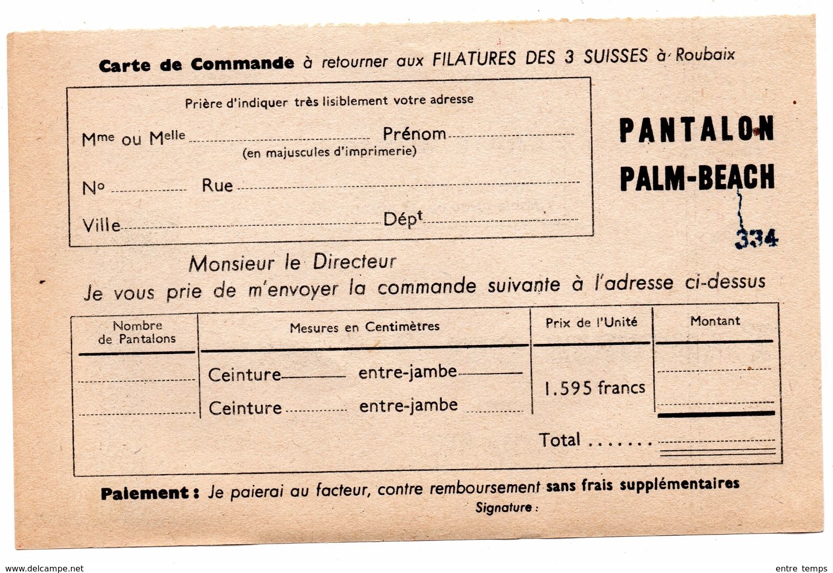 Carte Reponse Filatures 3 Suisses Roubaix Lettre T 1949 - Publicités