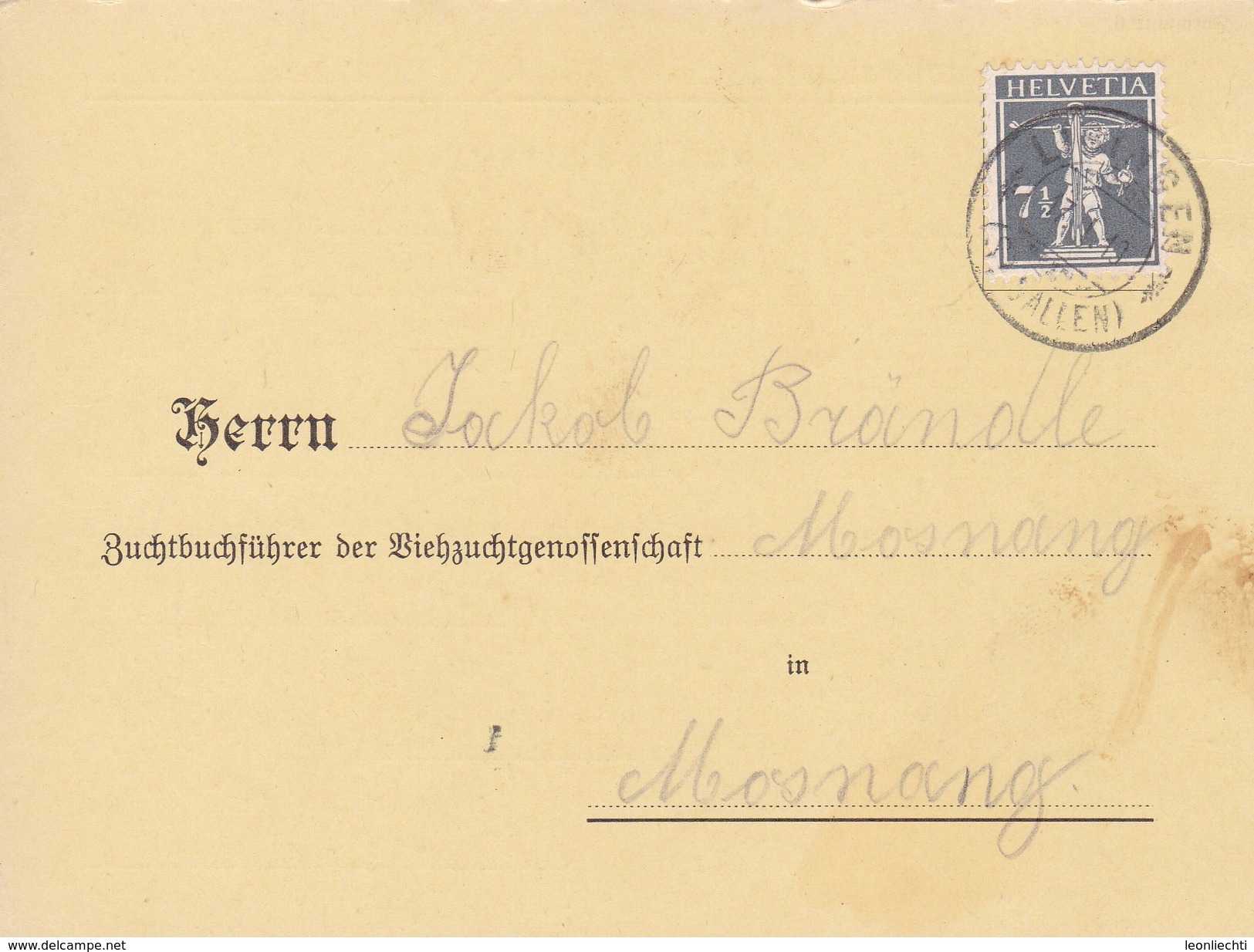 1916 Geburtsanzeige Viehzuchtgenossenschaft Stpl: DREIEN ST. Gallen. Mi:138xII Tellknabe - Lettres & Documents