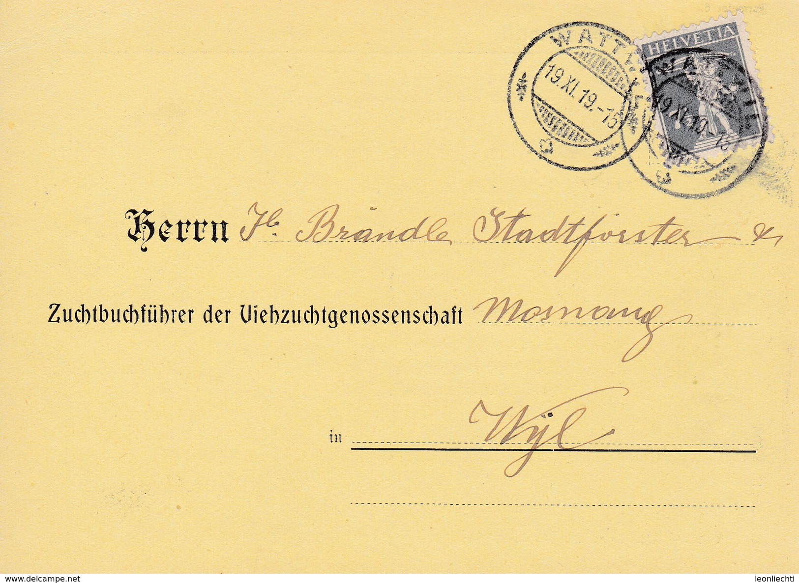 1919 Geburtsanzeige Viehzuchtgenossenschaft Gelaufen Von Wattwil Nach Wyl. Mi:138xII Tellknabe - Lettres & Documents